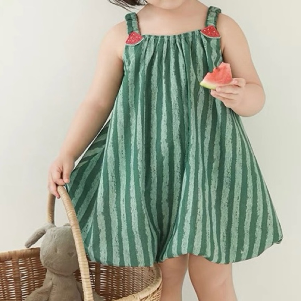 Green Striped Toddler Dress with Watermelon Accents